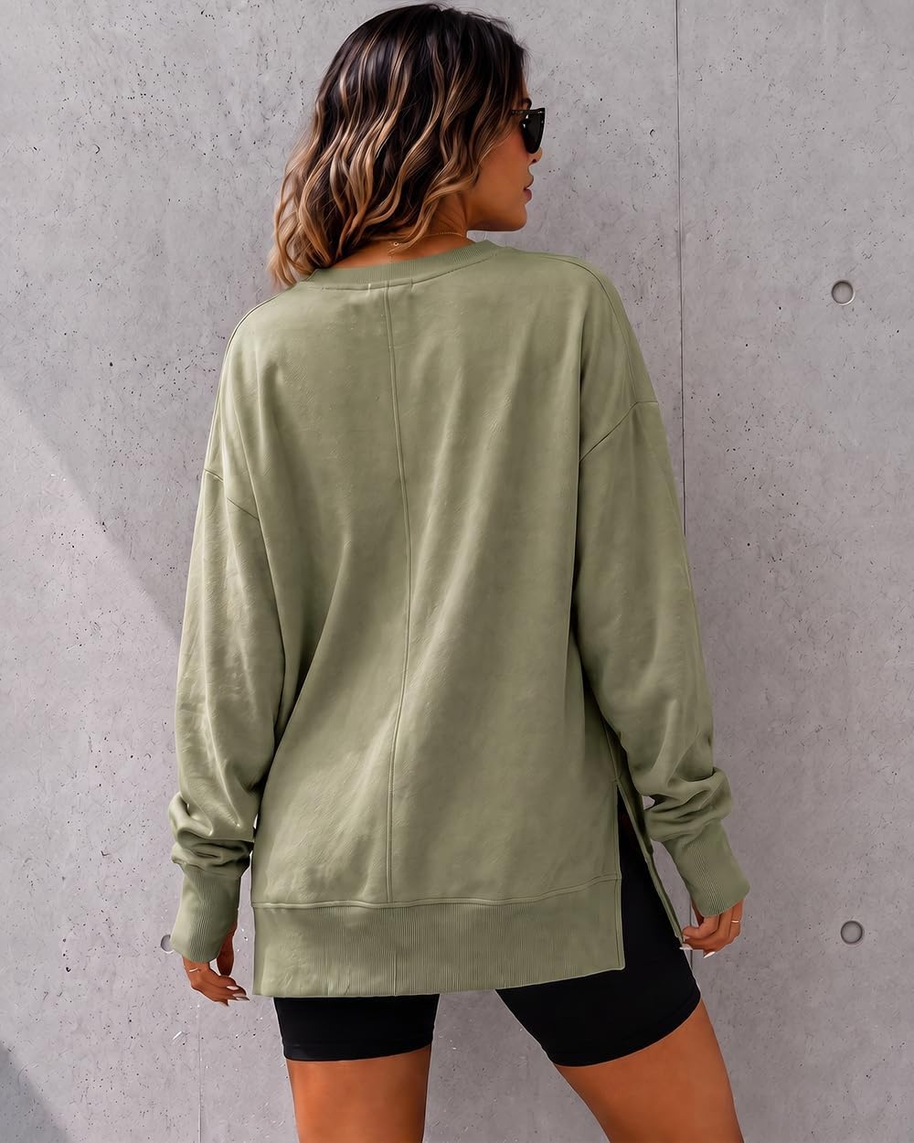 image:imageCHICME Womens Oversized Sweatshirt Crewneck Side Slit Pullover TopArmy Green