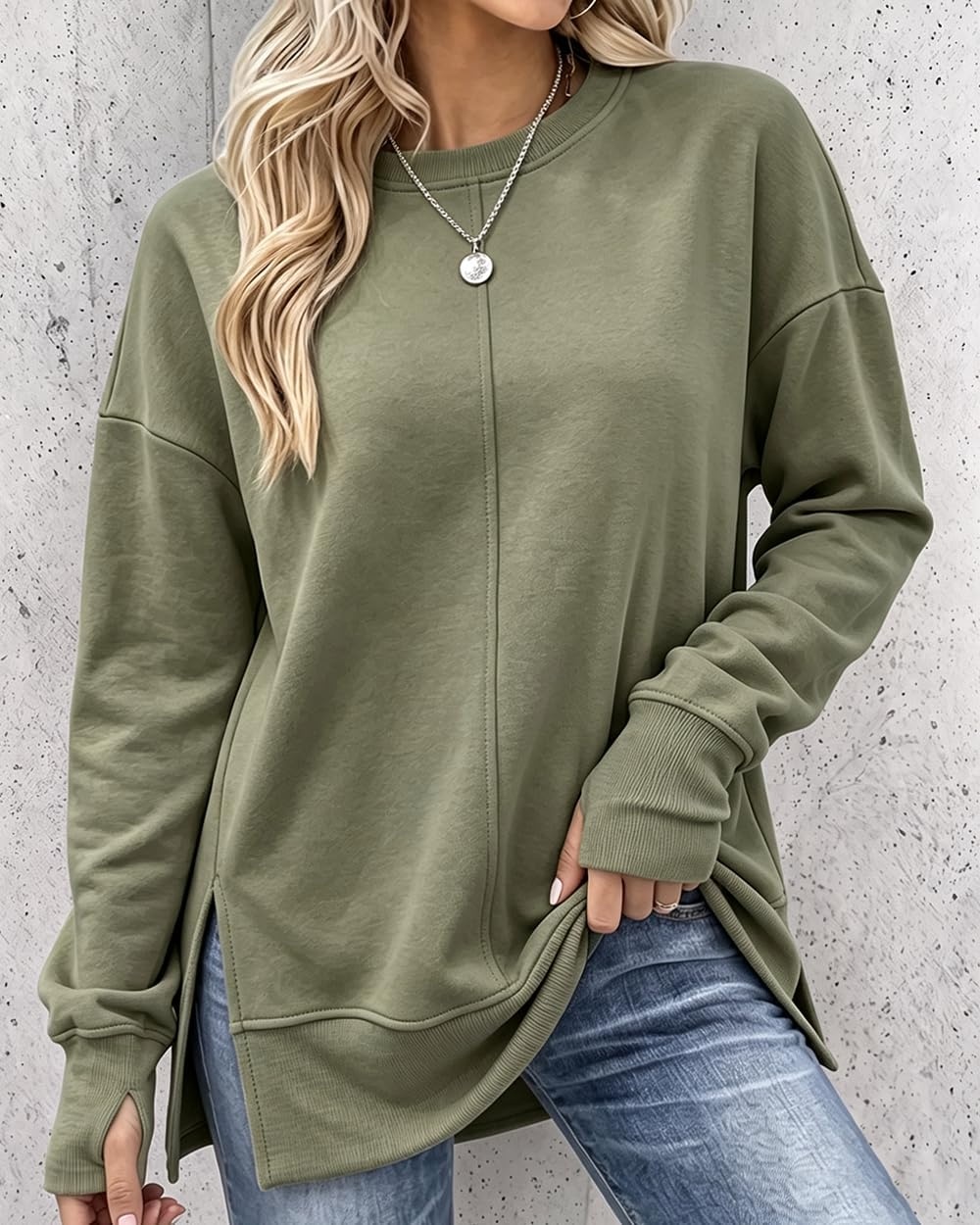 image:imageCHICME Womens Oversized Sweatshirt Crewneck Side Slit Pullover TopArmy Green