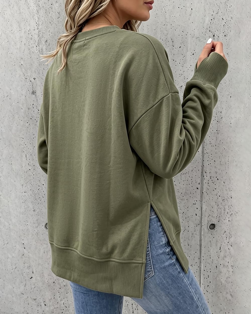 image:imageCHICME Womens Oversized Sweatshirt Crewneck Side Slit Pullover TopArmy Green