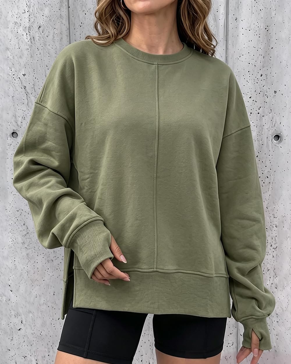 image:imageCHICME Womens Oversized Sweatshirt Crewneck Side Slit Pullover TopArmy Green