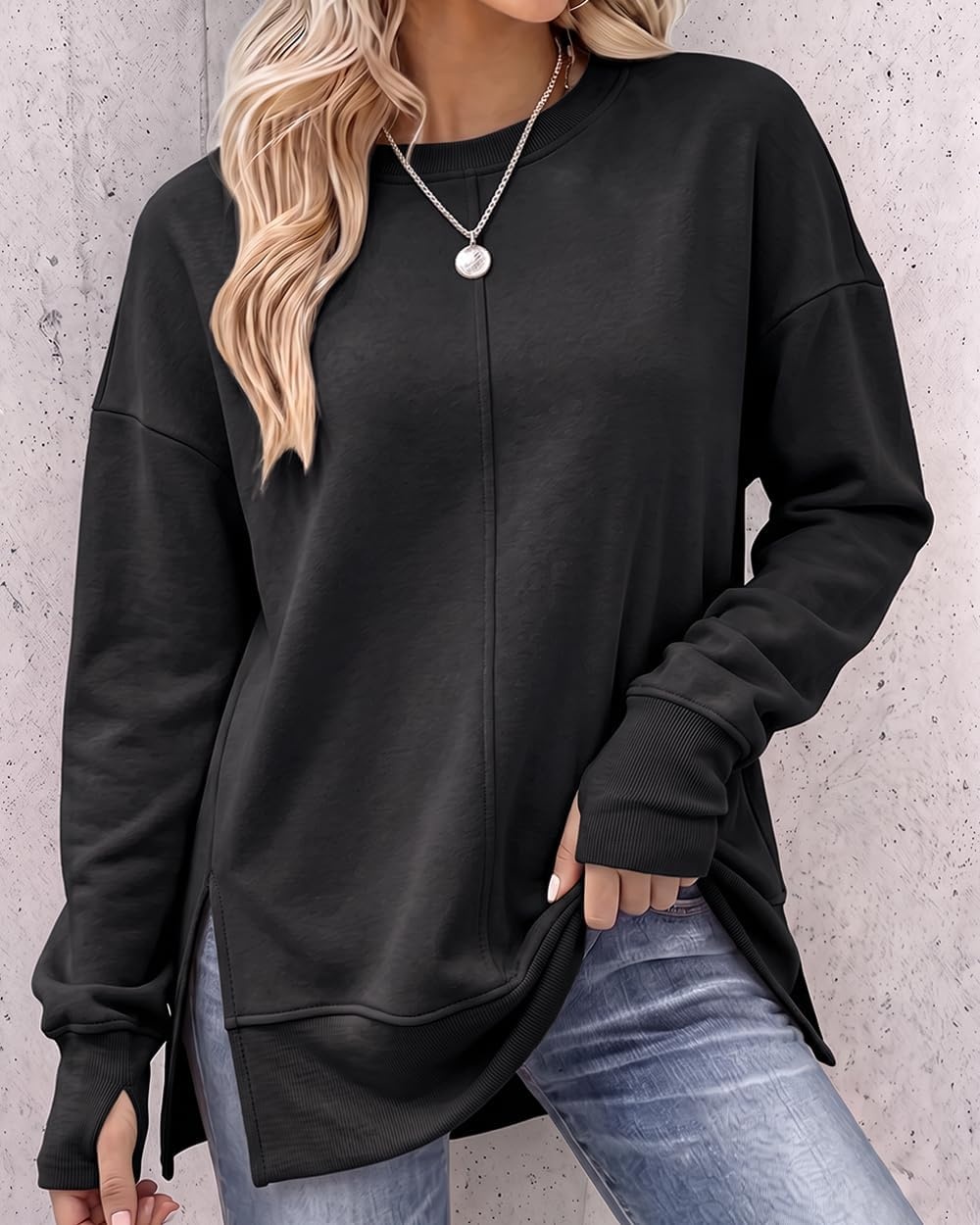 image:imageCHICME Womens Oversized Sweatshirt Crewneck Side Slit Pullover TopBlack
