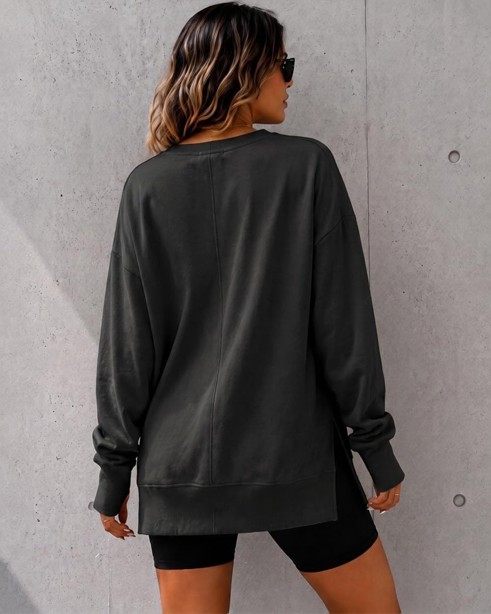 image:imageCHICME Womens Oversized Sweatshirt Crewneck Side Slit Pullover TopBlack