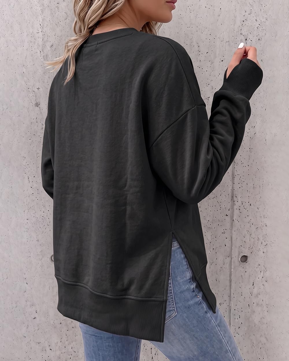 image:imageCHICME Womens Oversized Sweatshirt Crewneck Side Slit Pullover TopBlack