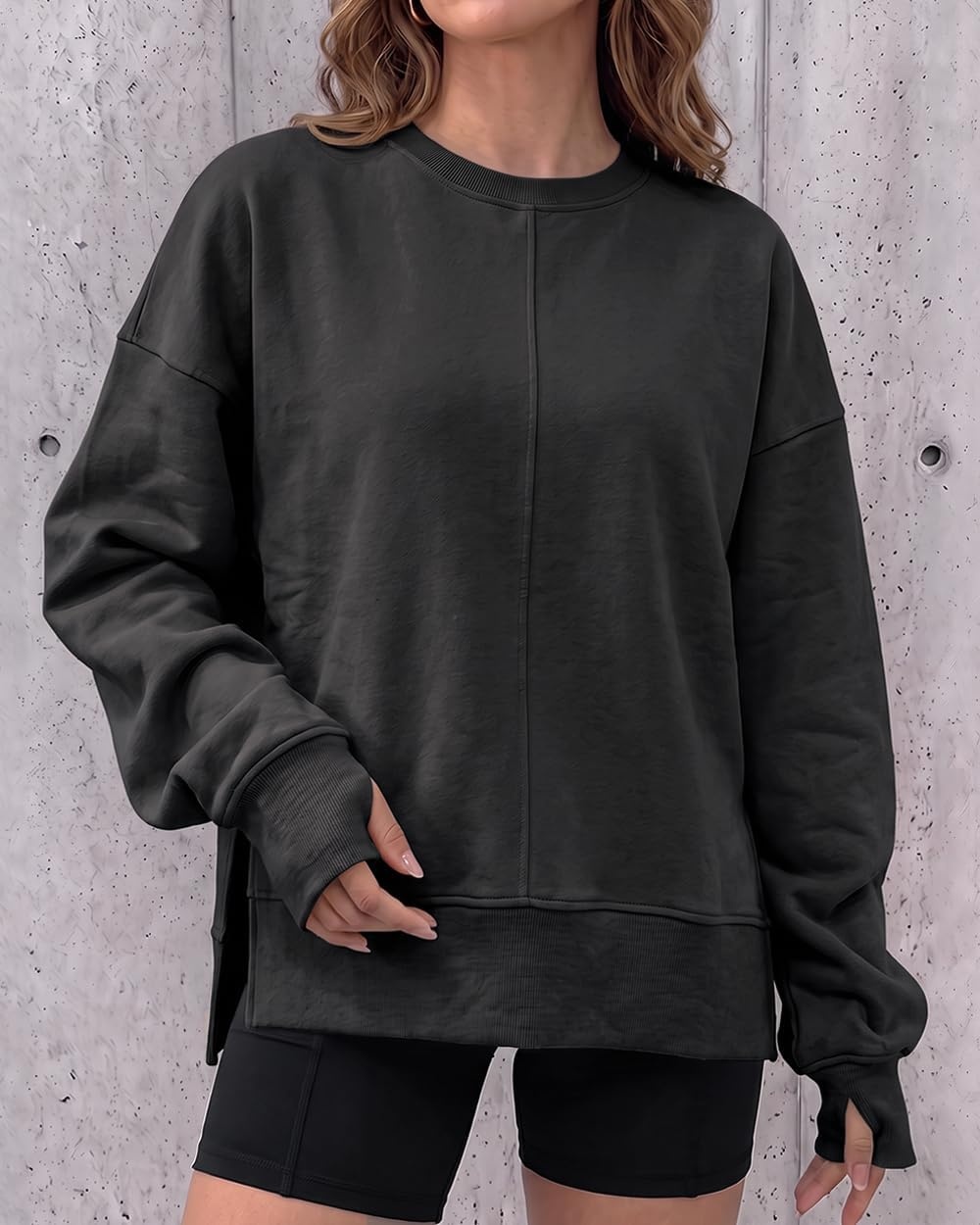 image:imageCHICME Womens Oversized Sweatshirt Crewneck Side Slit Pullover TopBlack