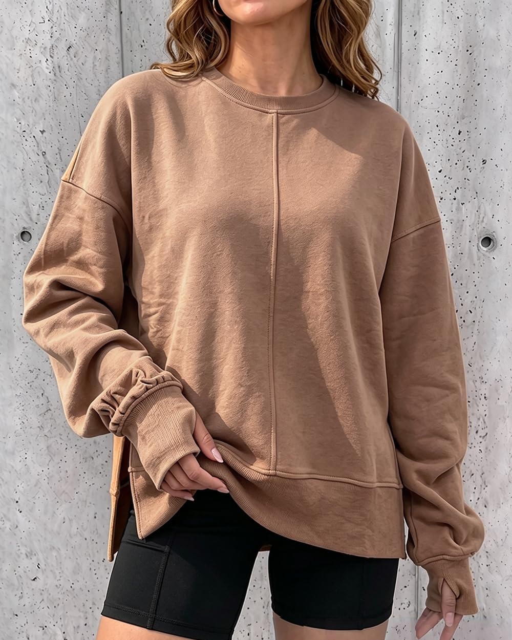 image:imageCHICME Womens Oversized Sweatshirt Crewneck Side Slit Pullover TopBrown