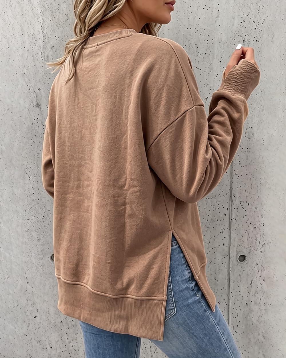 image:imageCHICME Womens Oversized Sweatshirt Crewneck Side Slit Pullover TopBrown