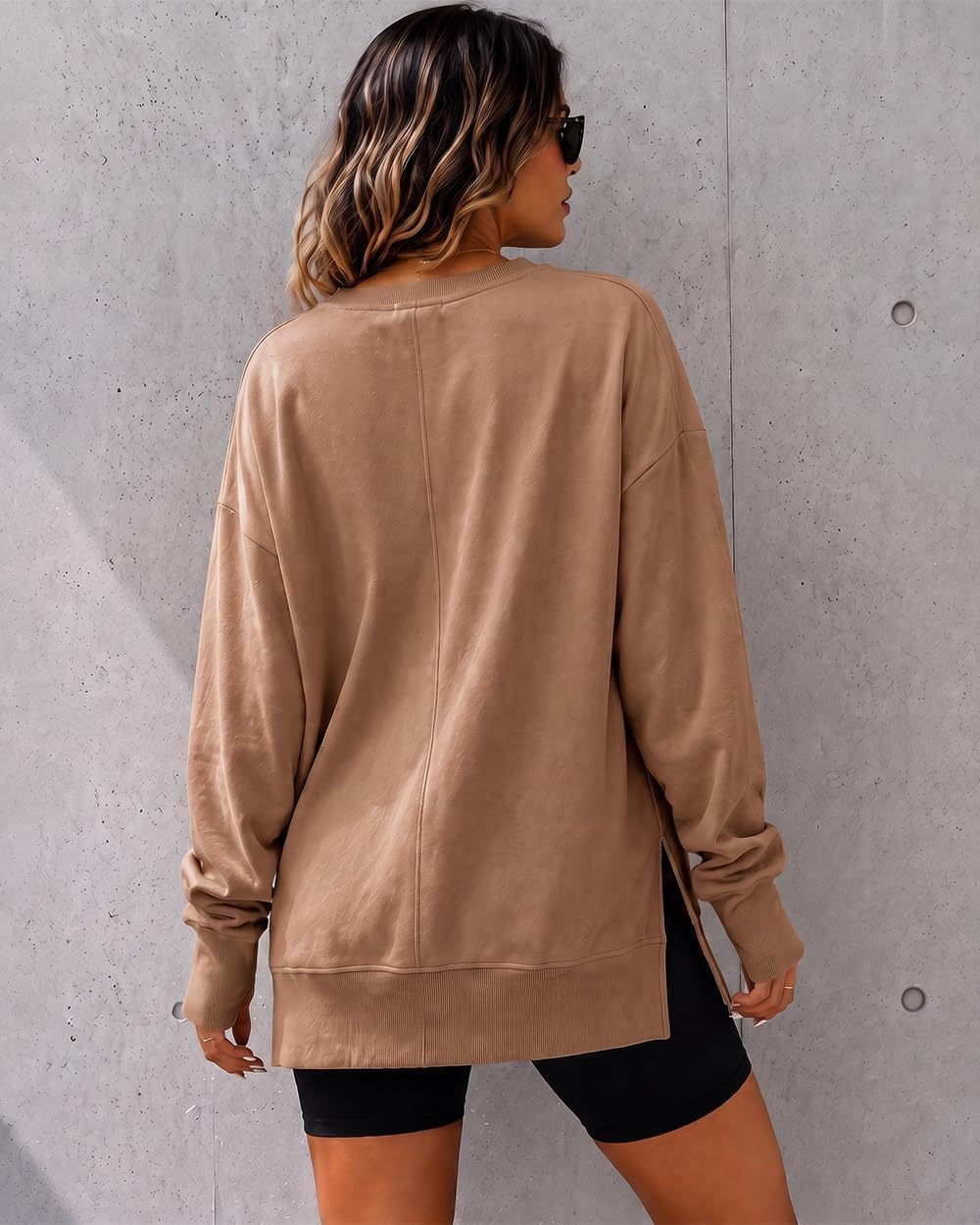 image:imageCHICME Womens Oversized Sweatshirt Crewneck Side Slit Pullover TopBrown