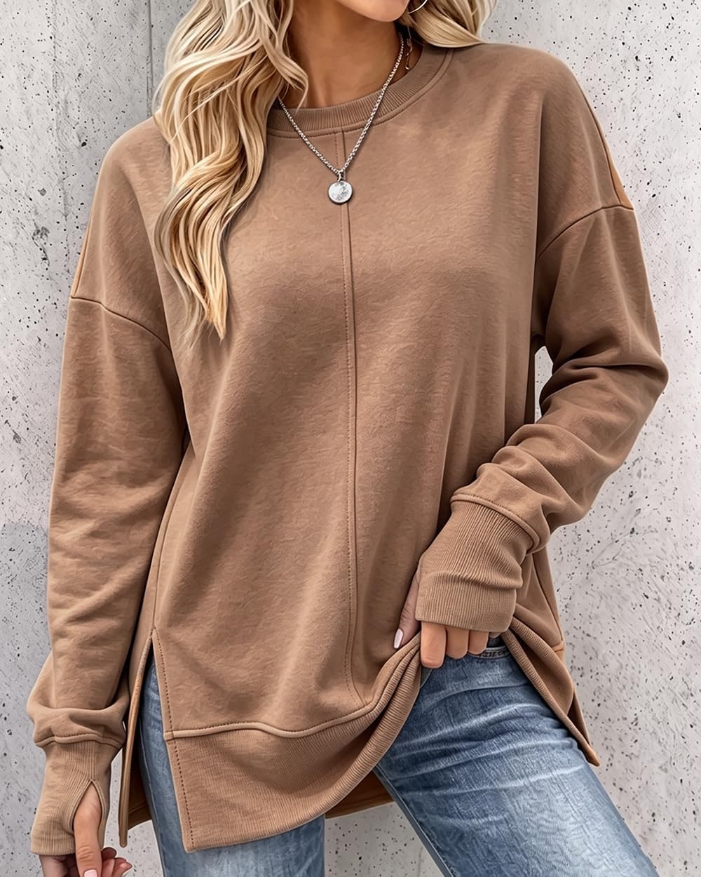 image:imageCHICME Womens Oversized Sweatshirt Crewneck Side Slit Pullover TopBrown