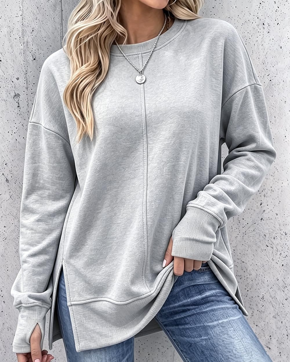 image:imageCHICME Womens Oversized Sweatshirt Crewneck Side Slit Pullover TopGray