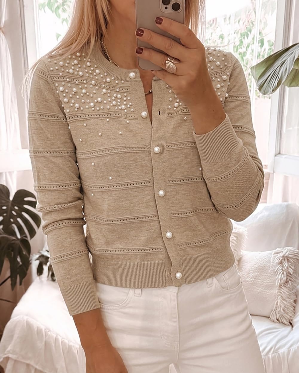 image:imageCHICME Womens Pearl Beaded Knit Cardigan Long Sleeve Cropped SweaterKhaki