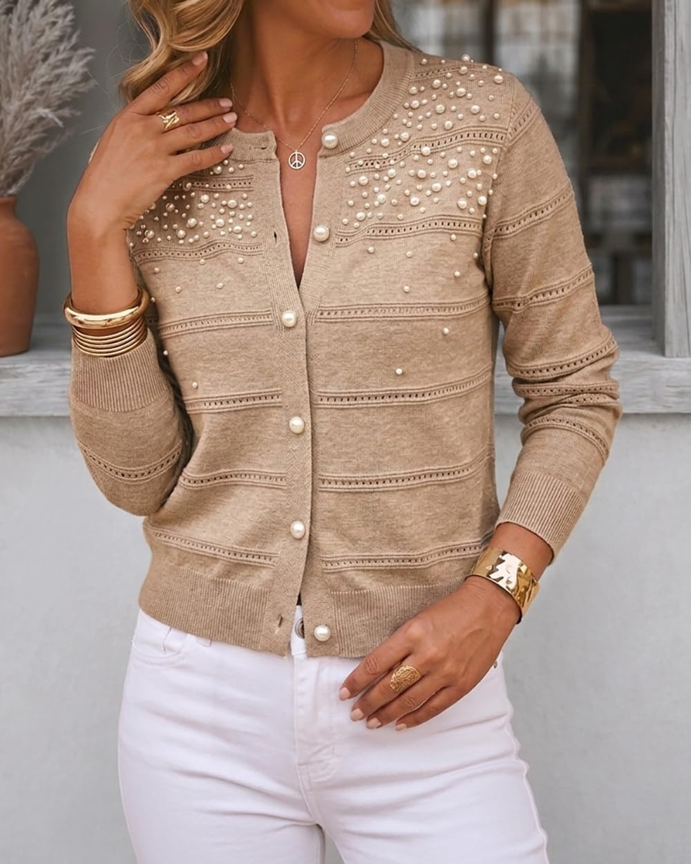 image:imageCHICME Womens Pearl Beaded Knit Cardigan Long Sleeve Cropped SweaterKhaki