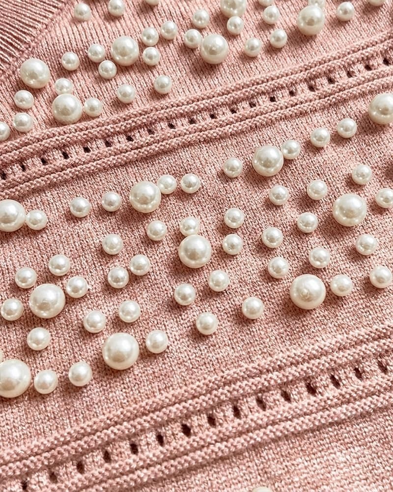 image:imageCHICME Womens Pearl Beaded Knit Cardigan Long Sleeve Cropped SweaterPink