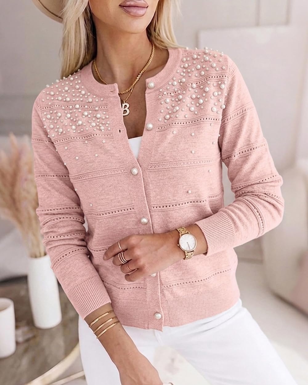 image:imageCHICME Womens Pearl Beaded Knit Cardigan Long Sleeve Cropped SweaterPink