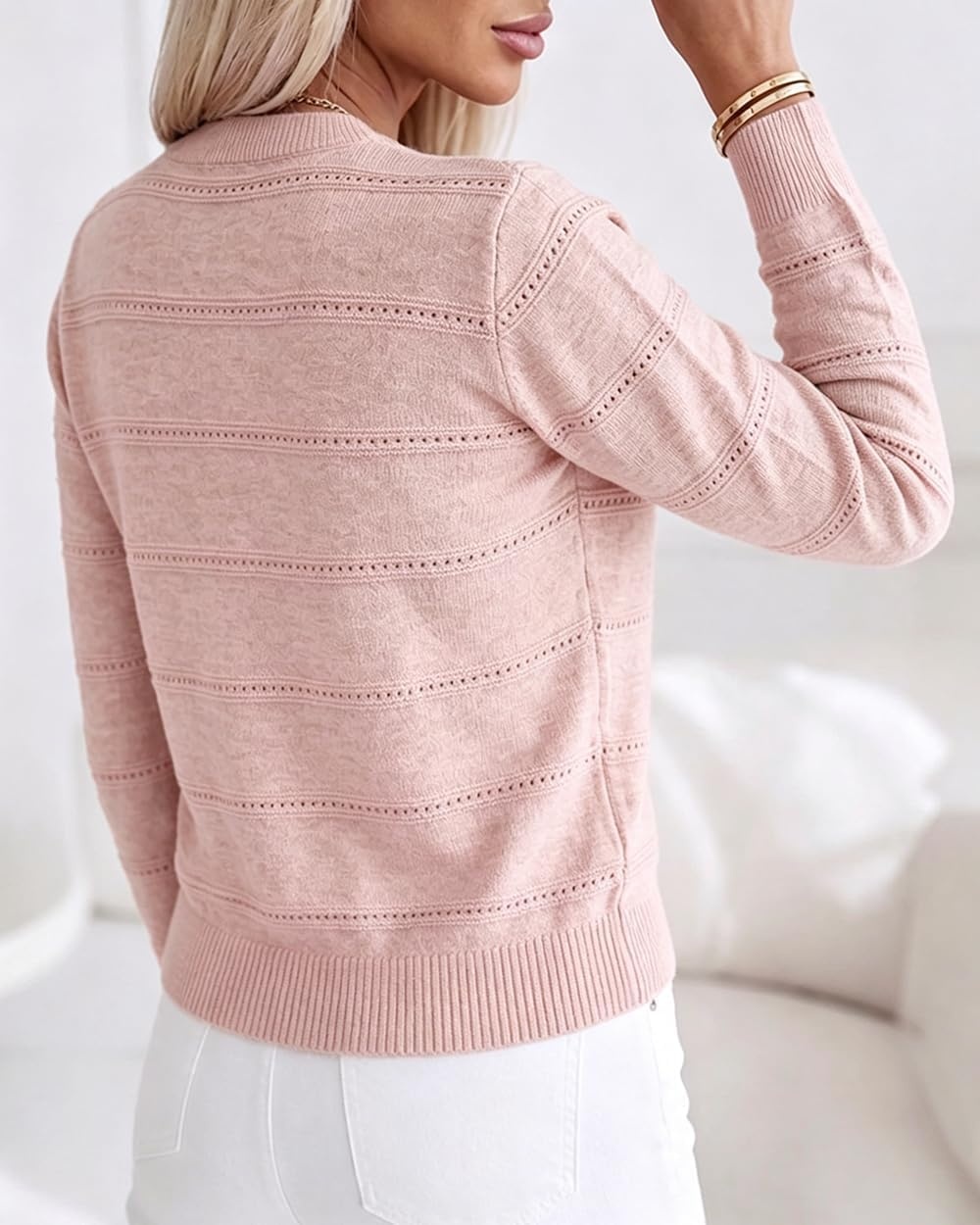 image:imageCHICME Womens Pearl Beaded Knit Cardigan Long Sleeve Cropped SweaterPink
