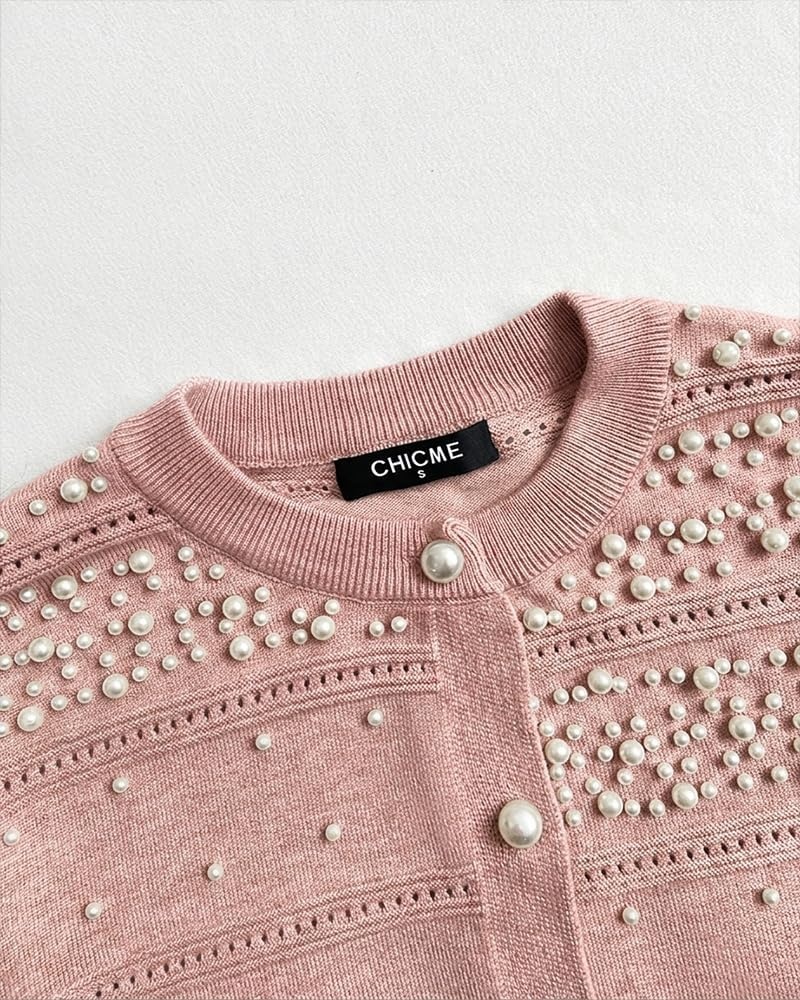 image:imageCHICME Womens Pearl Beaded Knit Cardigan Long Sleeve Cropped SweaterPink