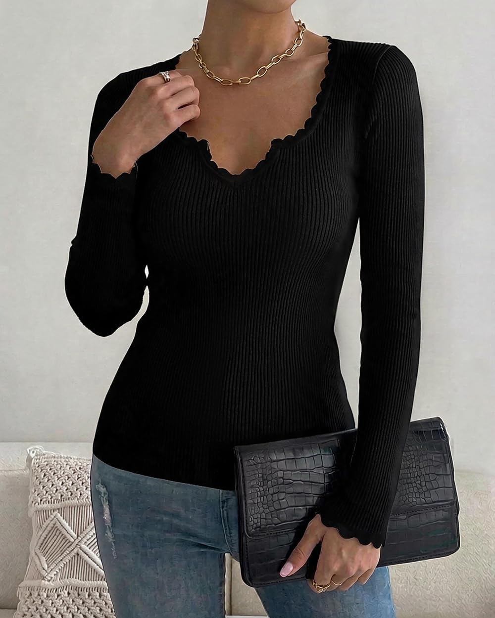 image:imageCHICME Womens Ribbed Knit Long Sleeve Henley Tops Basic TeesBlack