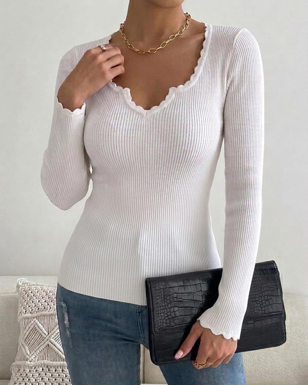 image:imageCHICME Womens Ribbed Knit Long Sleeve Henley Tops Basic TeesWhite