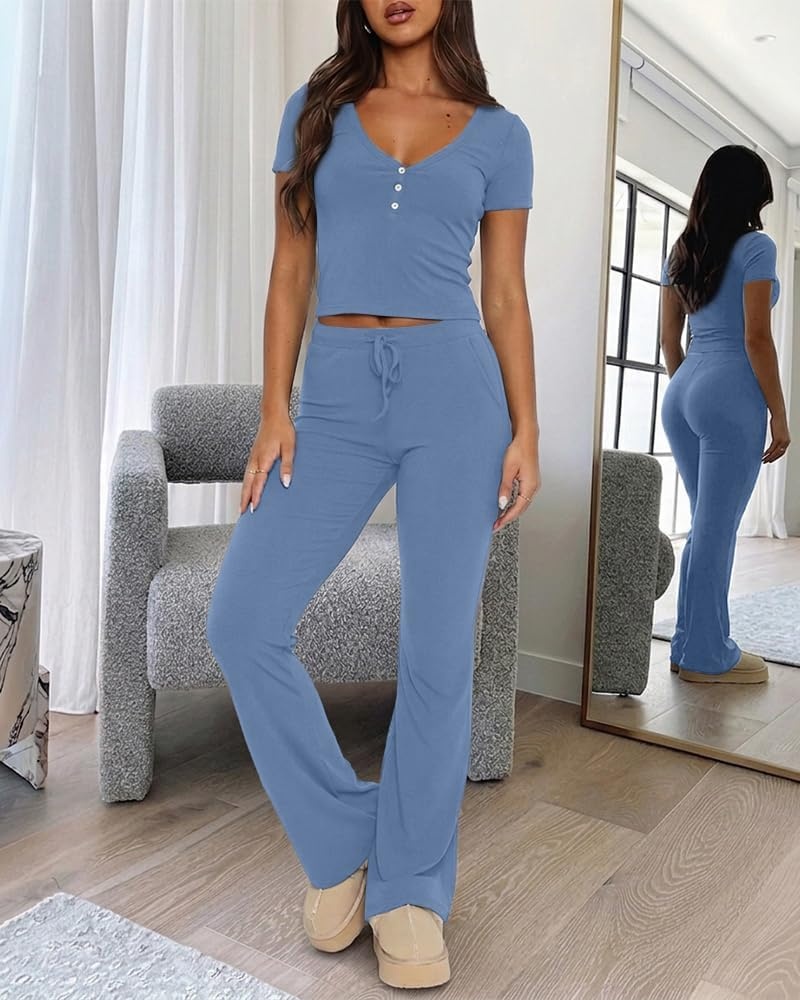 image:imageCHICME Womens Ribbed Knit Lounge Set Henley Top and PantsBlue