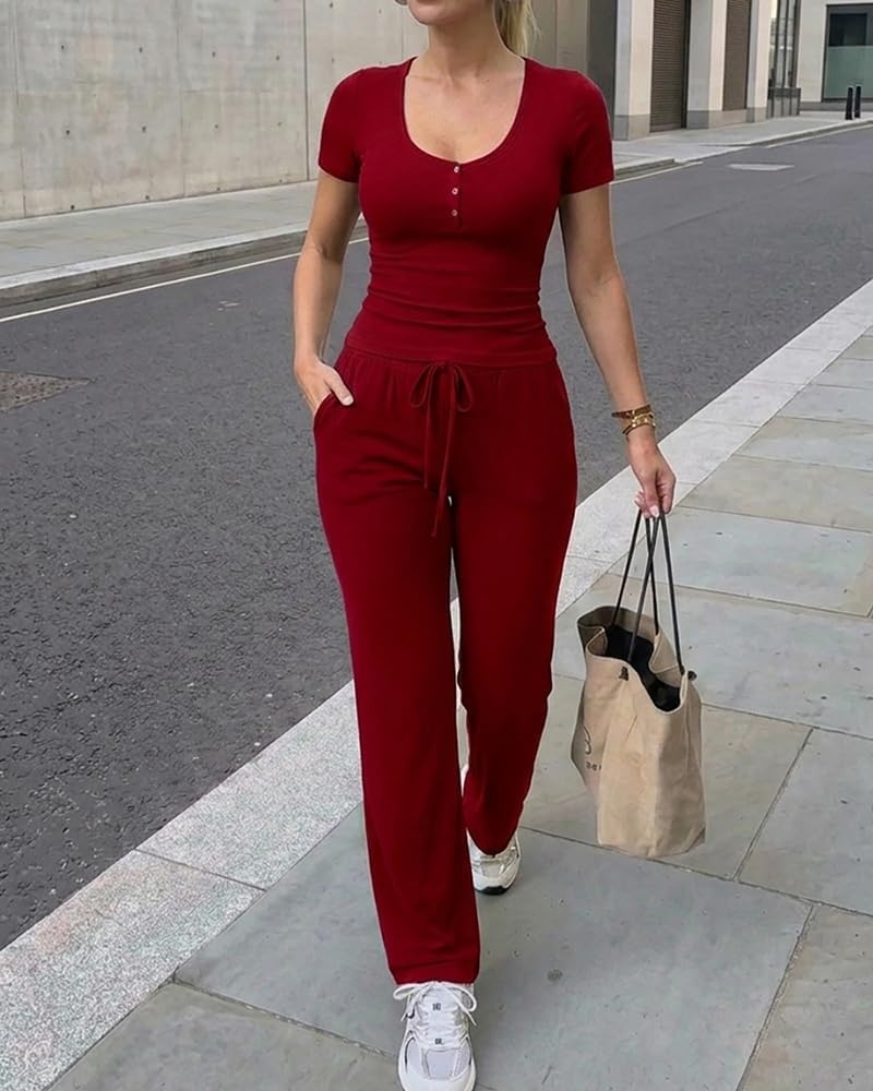 image:imageCHICME Womens Ribbed Knit Lounge Set Henley Top and PantsDark Red