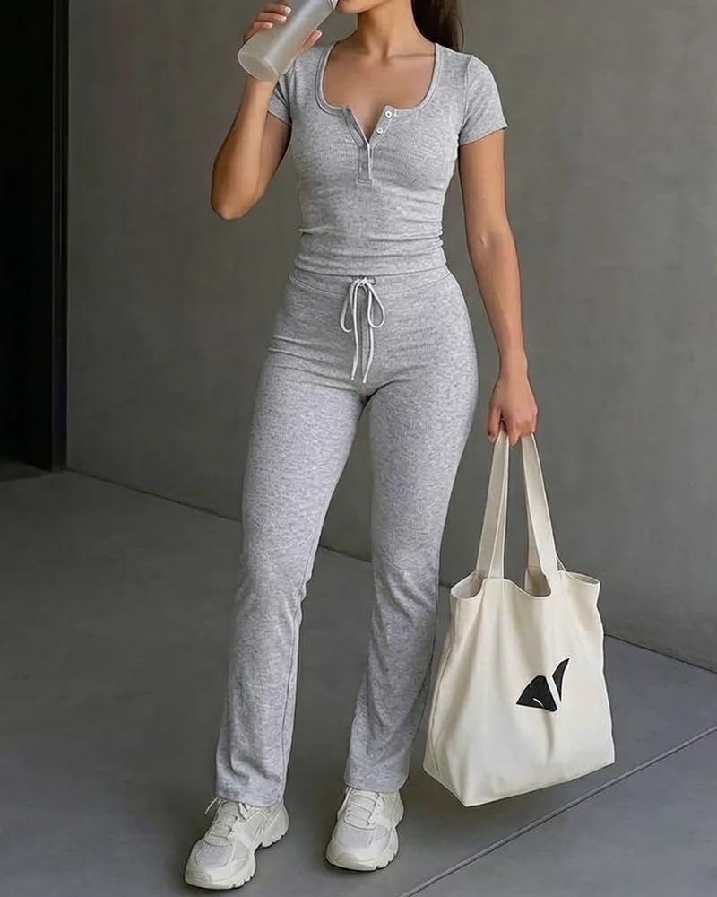 image:imageCHICME Womens Ribbed Knit Lounge Set Henley Top and PantsLight Gray