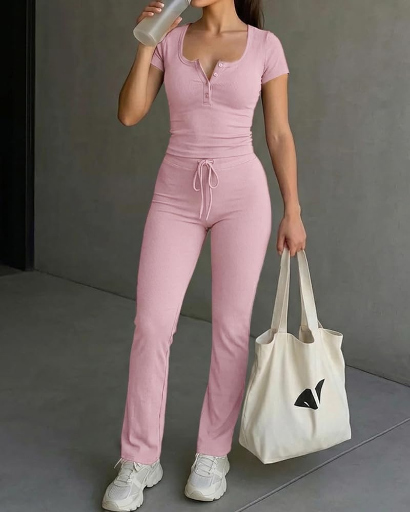 image:imageCHICME Womens Ribbed Knit Lounge Set Henley Top and PantsLight Pink