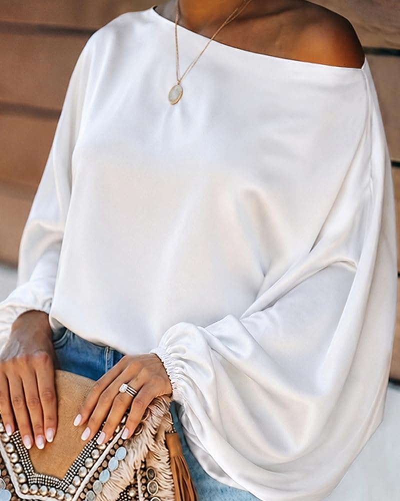 image:imageCHICME Womens Satin Off Shoulder Top Skew Neck Lantern Sleeve BlouseBeige