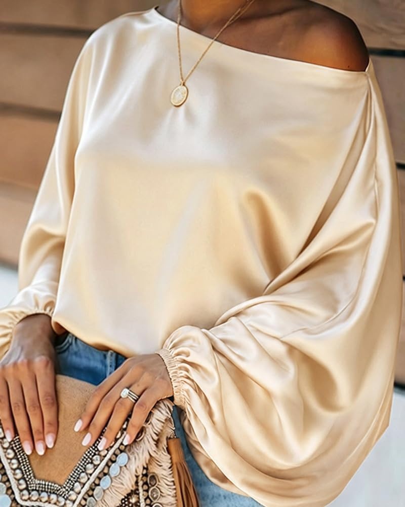 image:imageCHICME Womens Satin Off Shoulder Top Skew Neck Lantern Sleeve BlouseChampagne