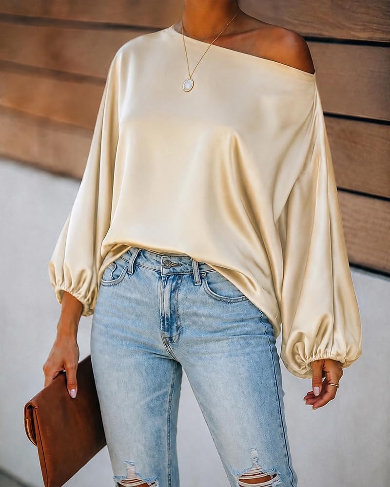 image:imageCHICME Womens Satin Off Shoulder Top Skew Neck Lantern Sleeve BlouseChampagne