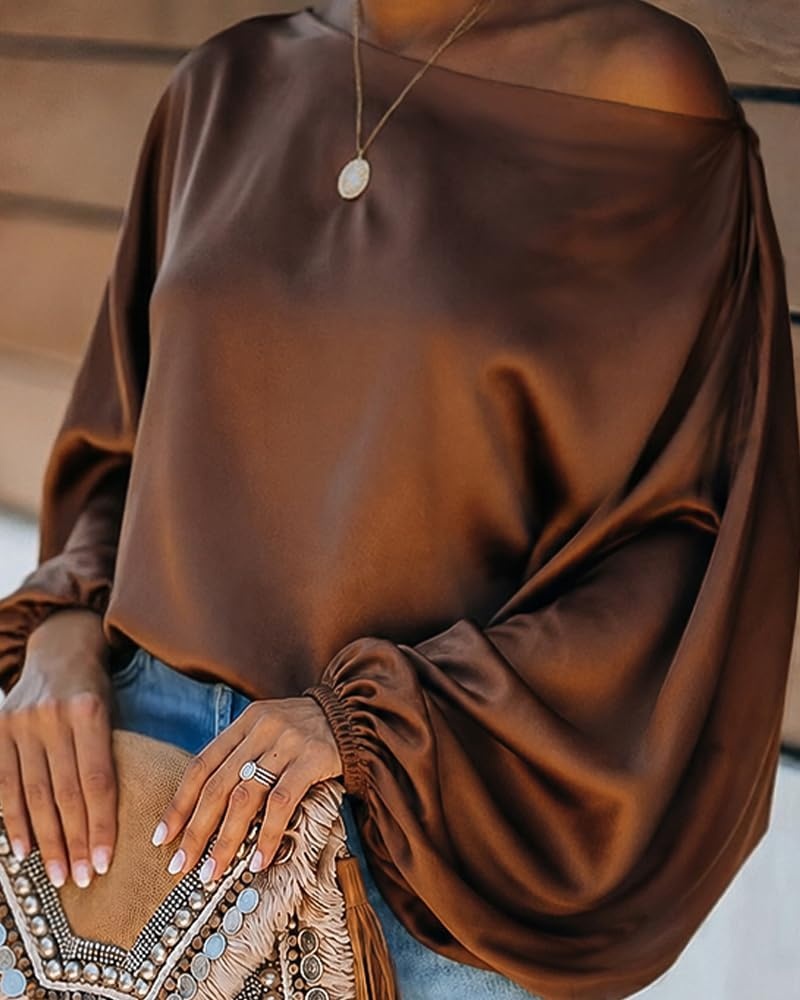 image:imageCHICME Womens Satin Off Shoulder Top Skew Neck Lantern Sleeve BlouseCoffee