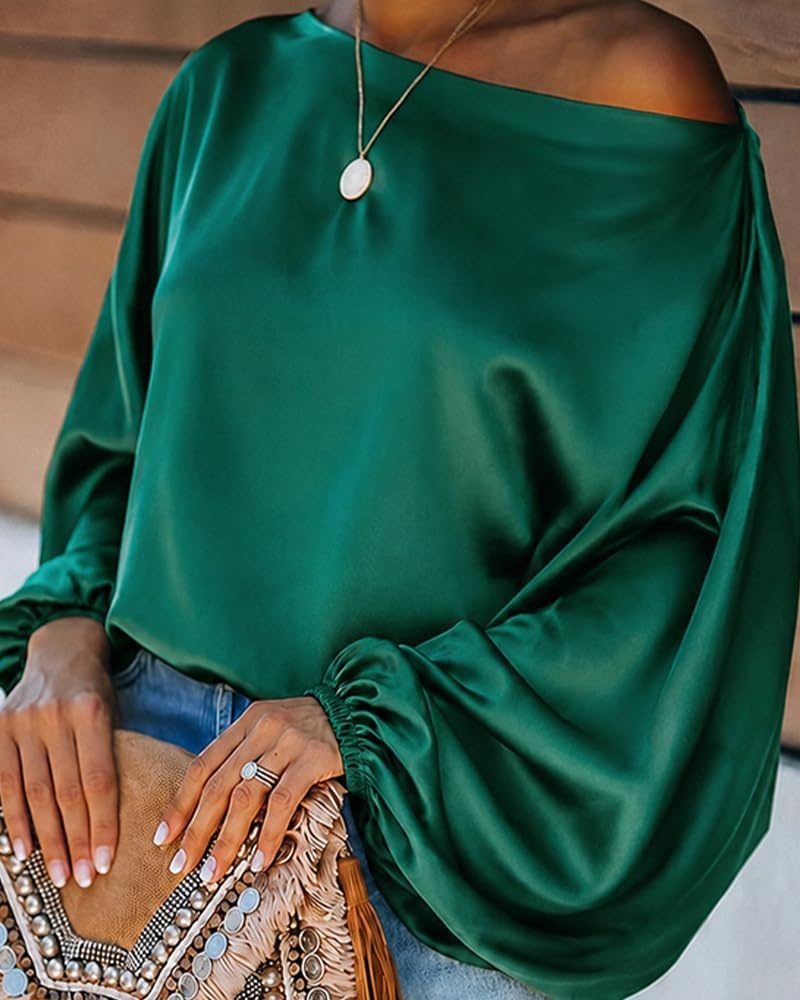 image:imageCHICME Womens Satin Off Shoulder Top Skew Neck Lantern Sleeve BlouseEmerald