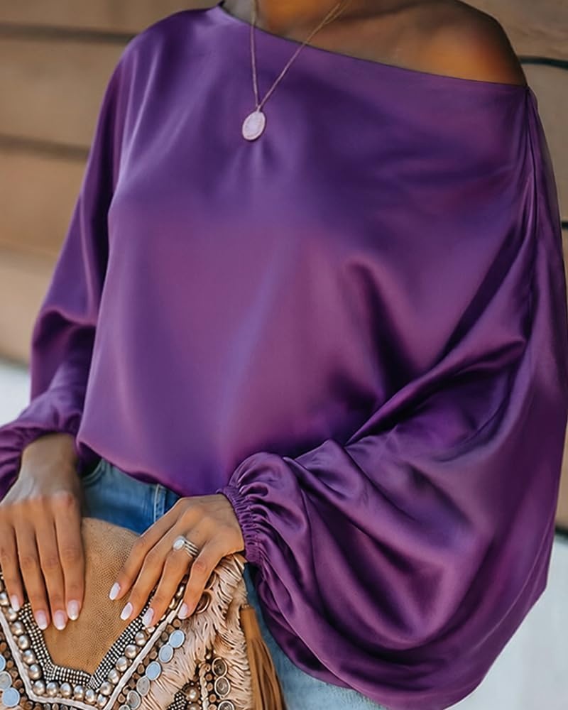 image:imageCHICME Womens Satin Off Shoulder Top Skew Neck Lantern Sleeve BlousePurple