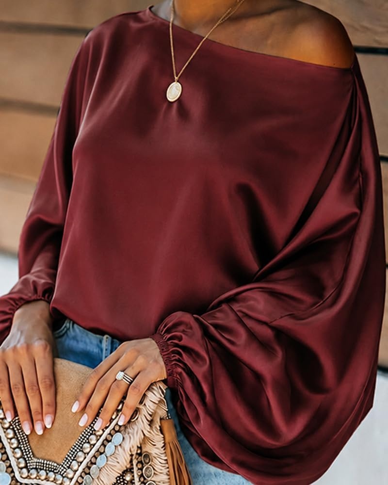 image:imageCHICME Womens Satin Off Shoulder Top Skew Neck Lantern Sleeve BlouseWine Red