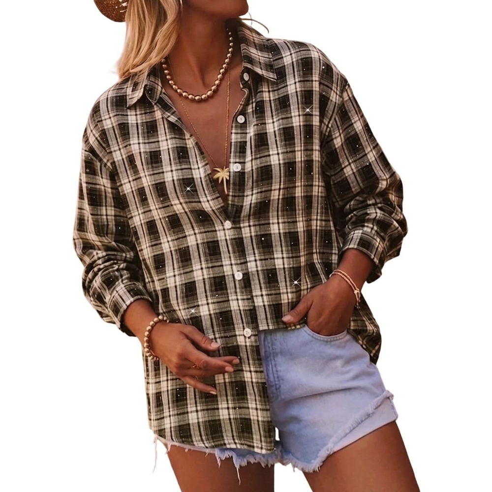 image:imageCHICME Button Down Shirts for Women Rhinestone Vintage Long Sleeve TopKhaki