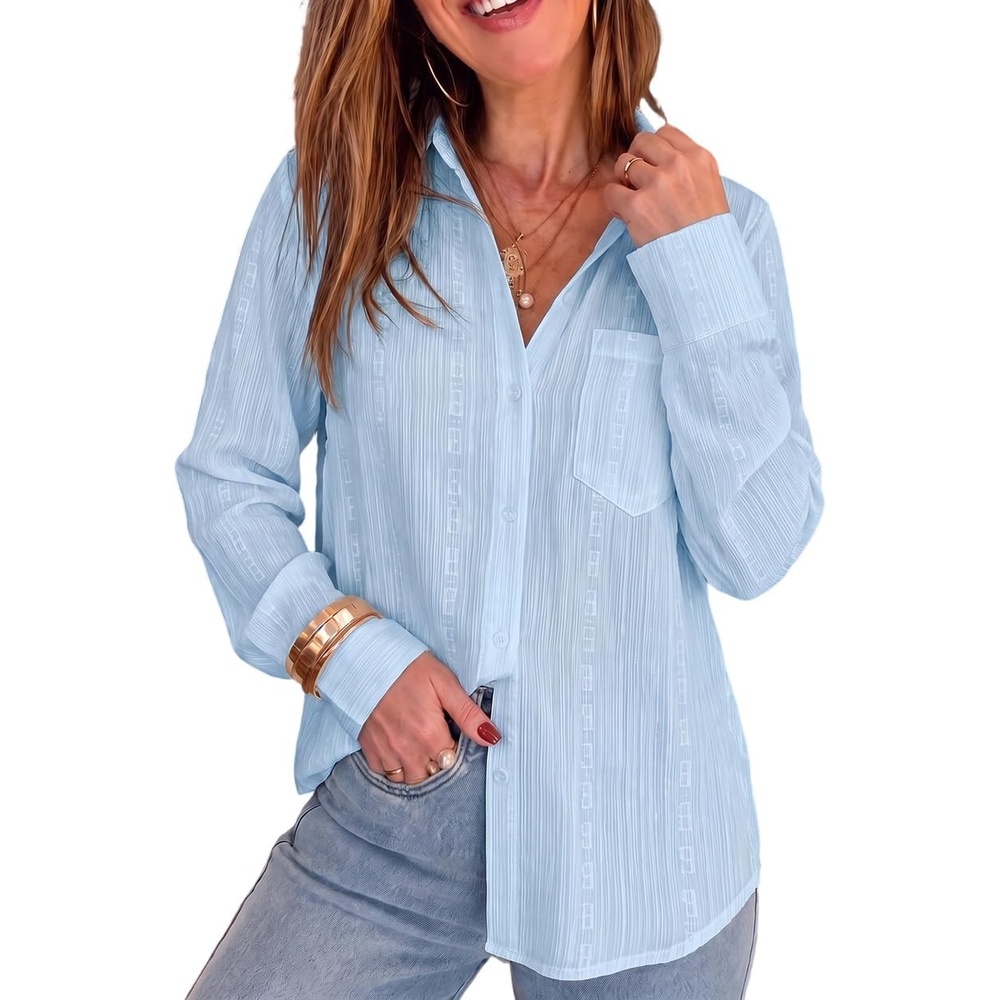 image:imageCHICME Button Down Shirts for Women Textured Blouse with PocketBlue