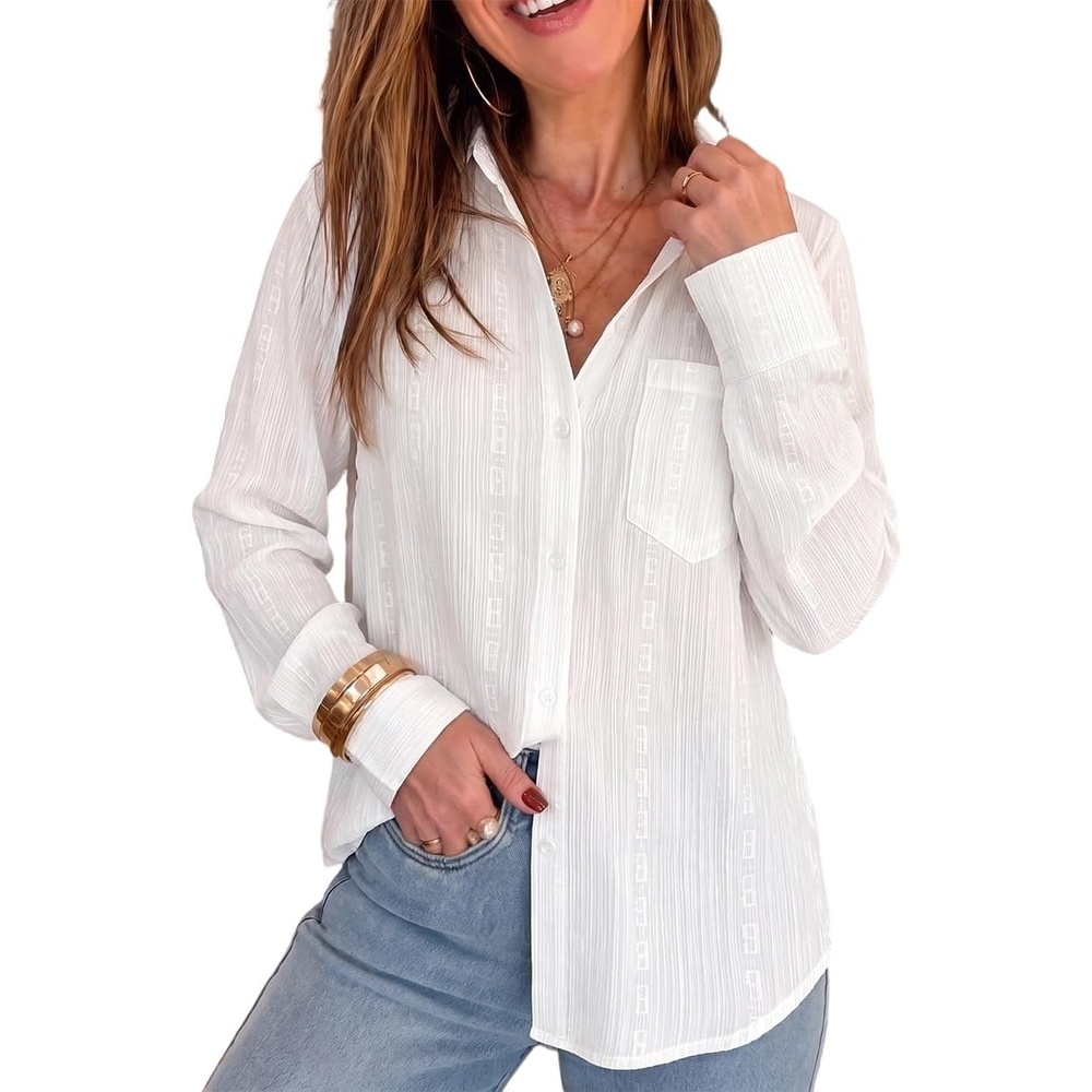 image:imageCHICME Button Down Shirts for Women Textured Blouse with PocketWhite