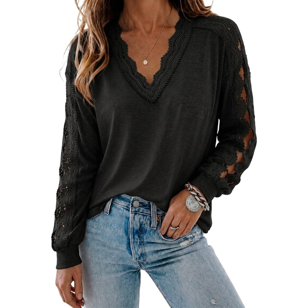 image:imageCHICME Long Sleeve Shirts for Women V Neck Fall Work Lace TopBlack