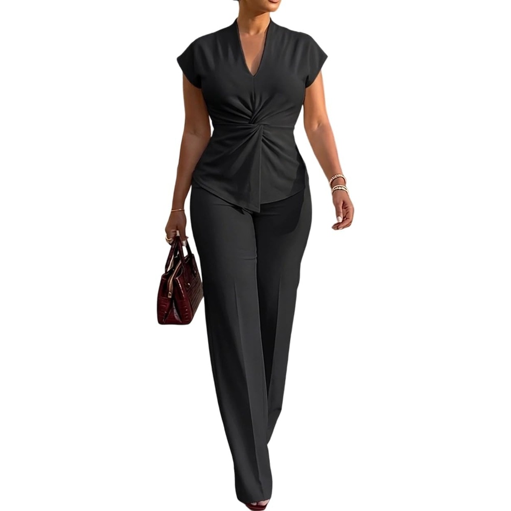 image:imageCHICME Women 2 Piece Outfits Straight Wide Leg Pants Casual SetBlack