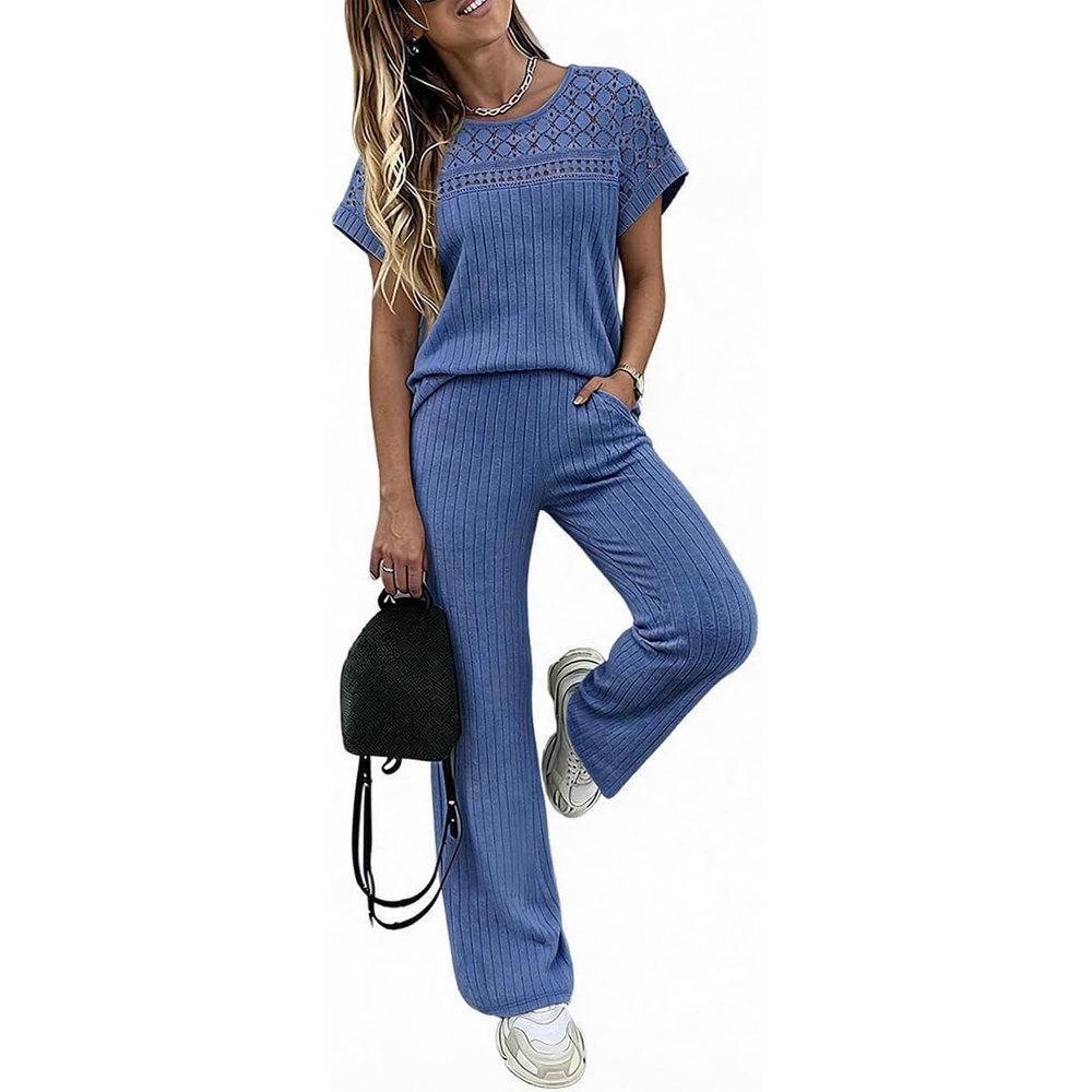 image:imageCHICME Womens 2 Piece Knit Lounge Set Short SleeveBlue