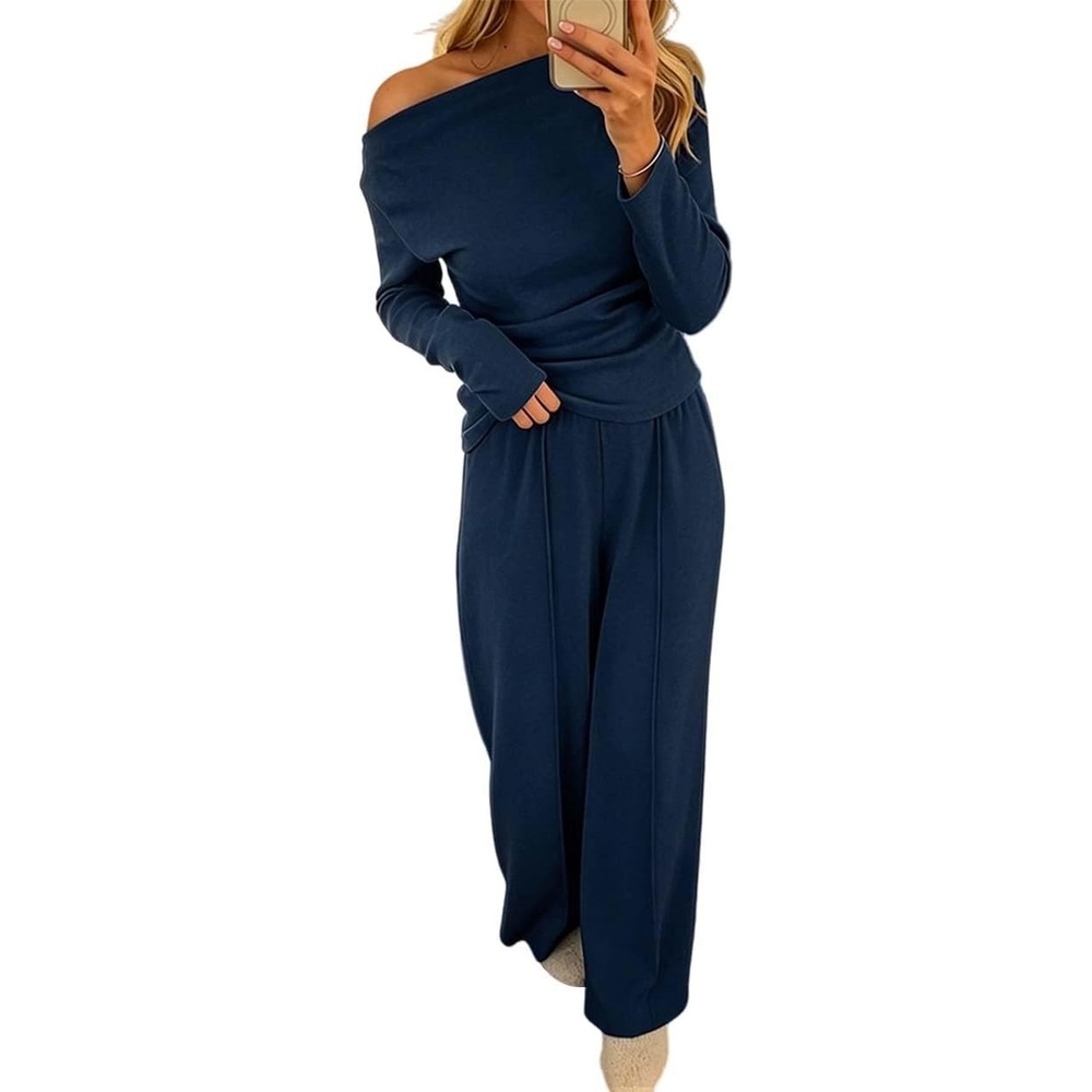 image:imageCHICME Womens 2 Piece Outfit Ribbed Knit Lounge Set Wide Leg Pants SetDark Blue