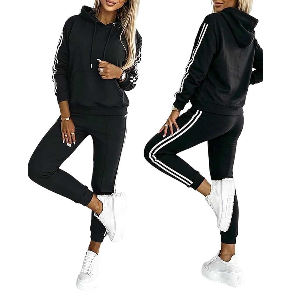 image:imageCHICME Womens 2 Piece Outfits Striped Long Sleeve SweatsuitsBlack