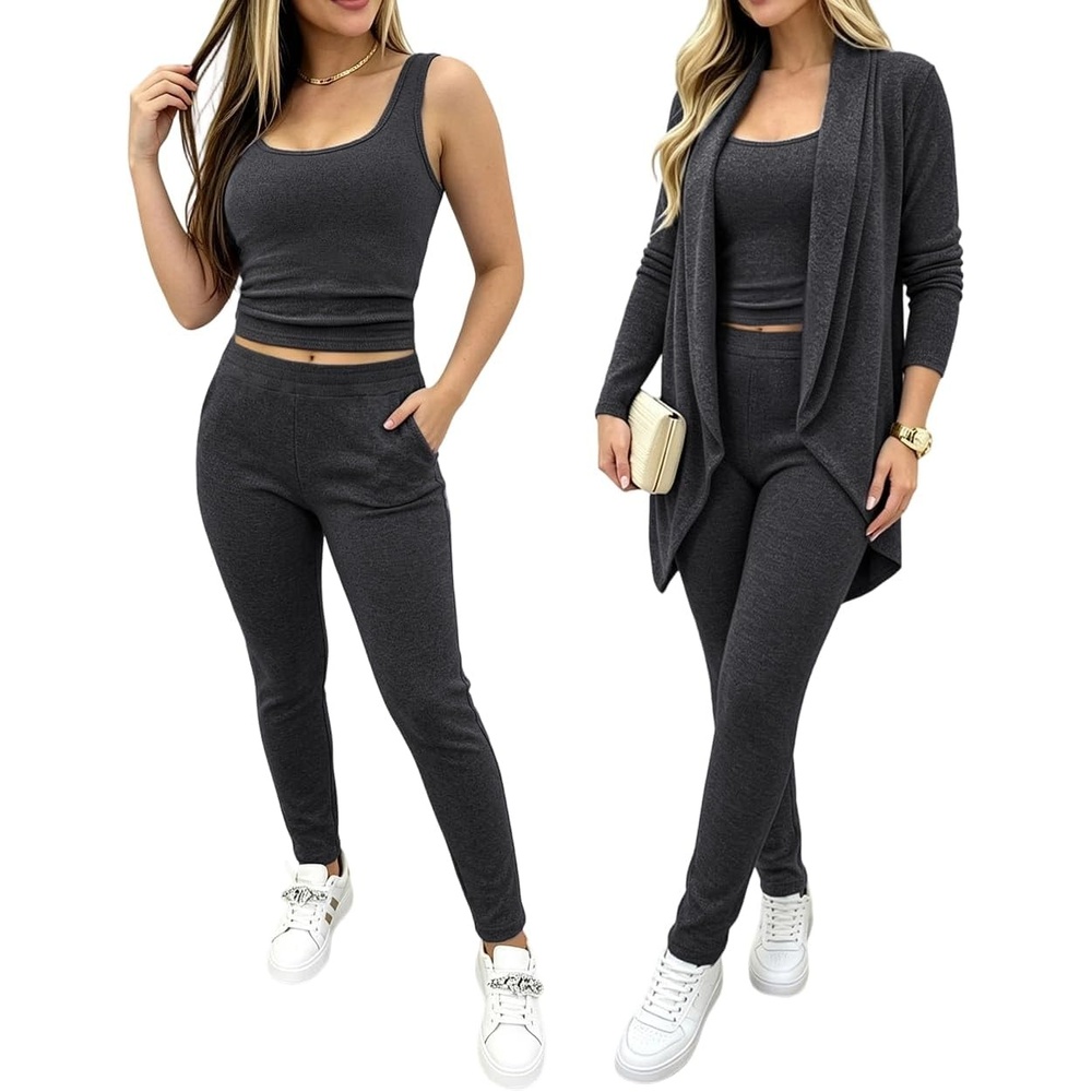 image:imageCHICME Womens 3 Piece Lounge Set Knit Cardigan High Waist Casual Pants SetBlack