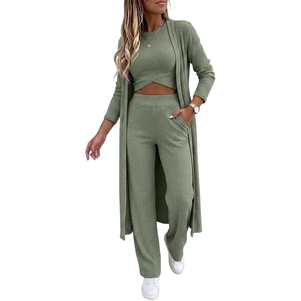 image:imageCHICME Womens 3 Piece Lounge Set Ribbed Cardigan Tank Wide Leg PantArmy Green