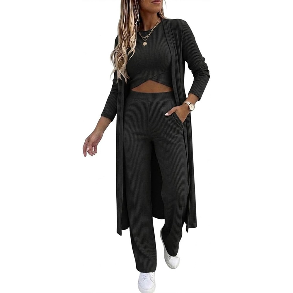 image:imageCHICME Womens 3 Piece Lounge Set Ribbed Cardigan Tank Wide Leg PantBlack
