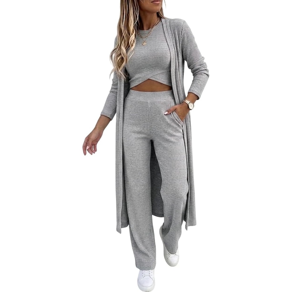 image:imageCHICME Womens 3 Piece Lounge Set Ribbed Cardigan Tank Wide Leg PantGray