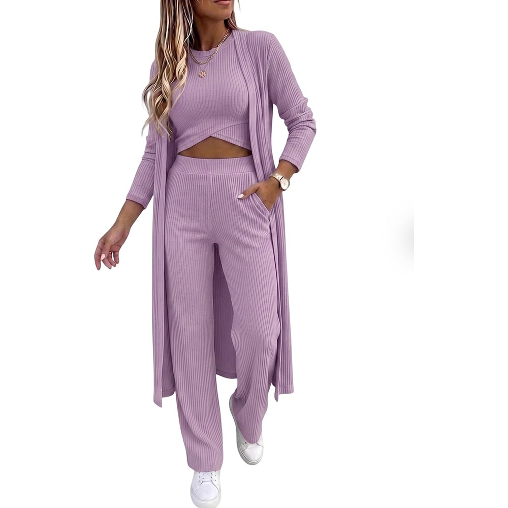 image:imageCHICME Womens 3 Piece Lounge Set Ribbed Cardigan Tank Wide Leg PantPurple