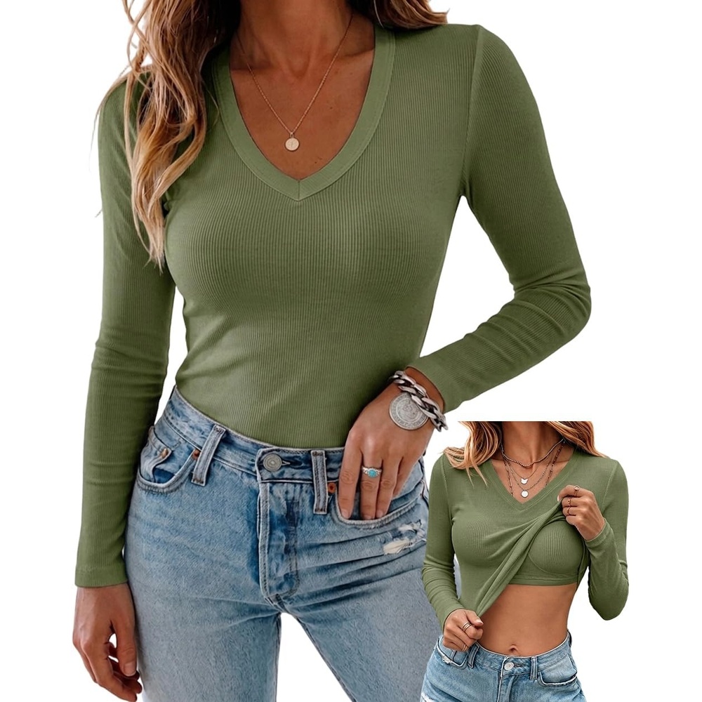 image:imageCHICME Womens Builtin Bra Long Sleeve Ribbed Knit TopCarmy Green