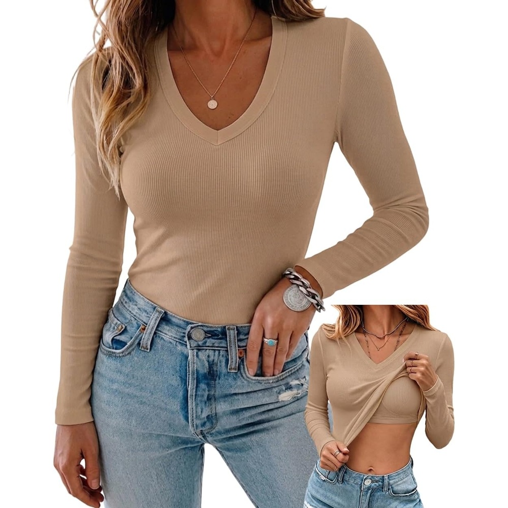 image:imageCHICME Womens Builtin Bra Long Sleeve Ribbed Knit TopGkhaki