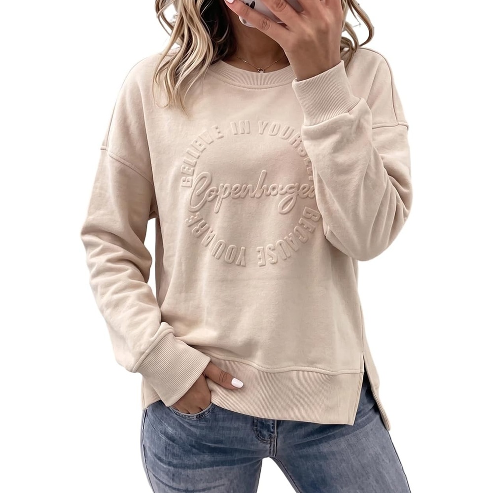 image:imageCHICME Womens Crewneck Sweatshirt Embossed Letter Print Pullover Top Loose Casual Side Slit TopApricot