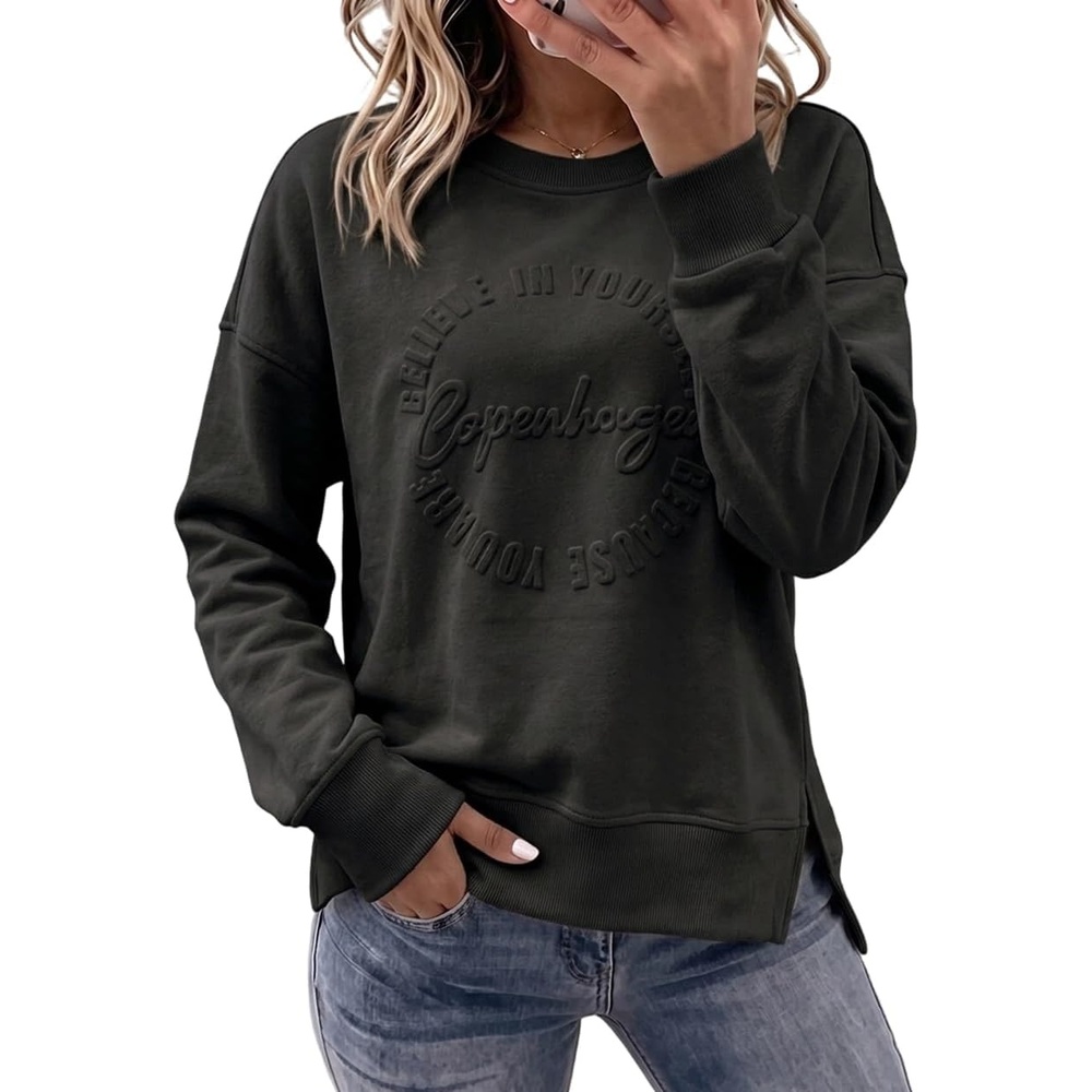 image:imageCHICME Womens Crewneck Sweatshirt Embossed Letter Print Pullover Top Loose Casual Side Slit TopBlack