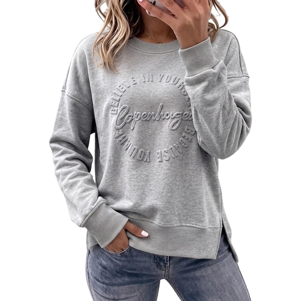 image:imageCHICME Womens Crewneck Sweatshirt Embossed Letter Print Pullover Top Loose Casual Side Slit TopGray